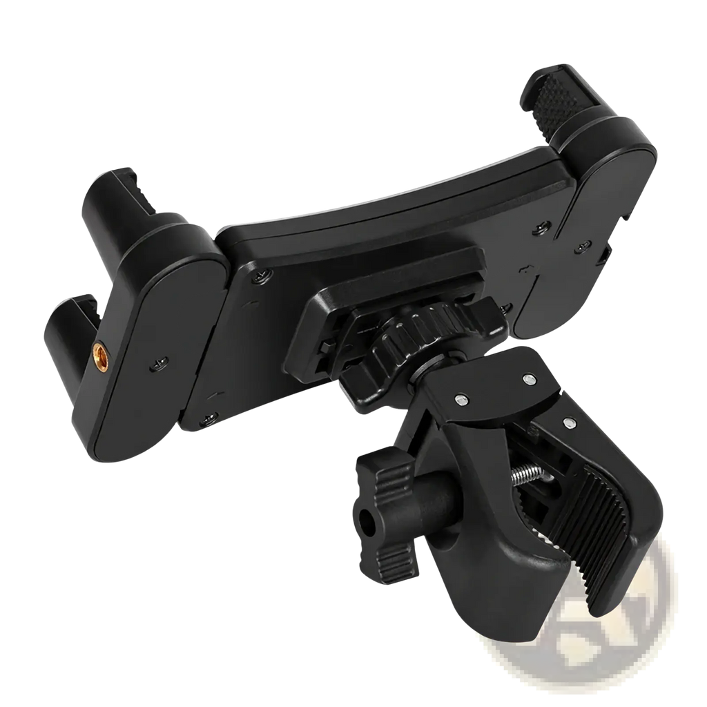 Black plastic universal tablet and phone mount bracket clip with adjustable clamp and swivel joint shown from back side