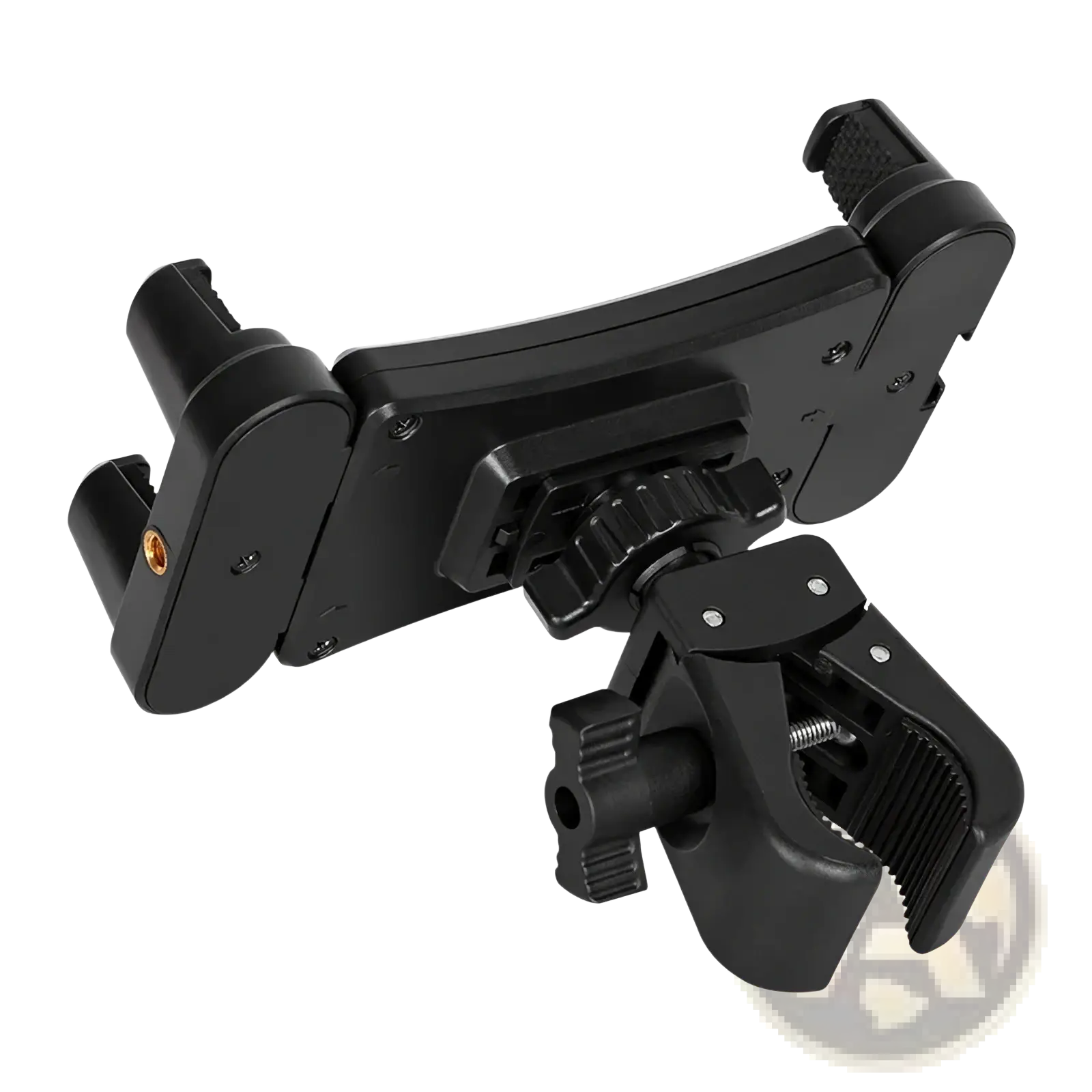 Black plastic universal tablet and phone mount bracket clip with adjustable clamp and swivel joint shown from back side