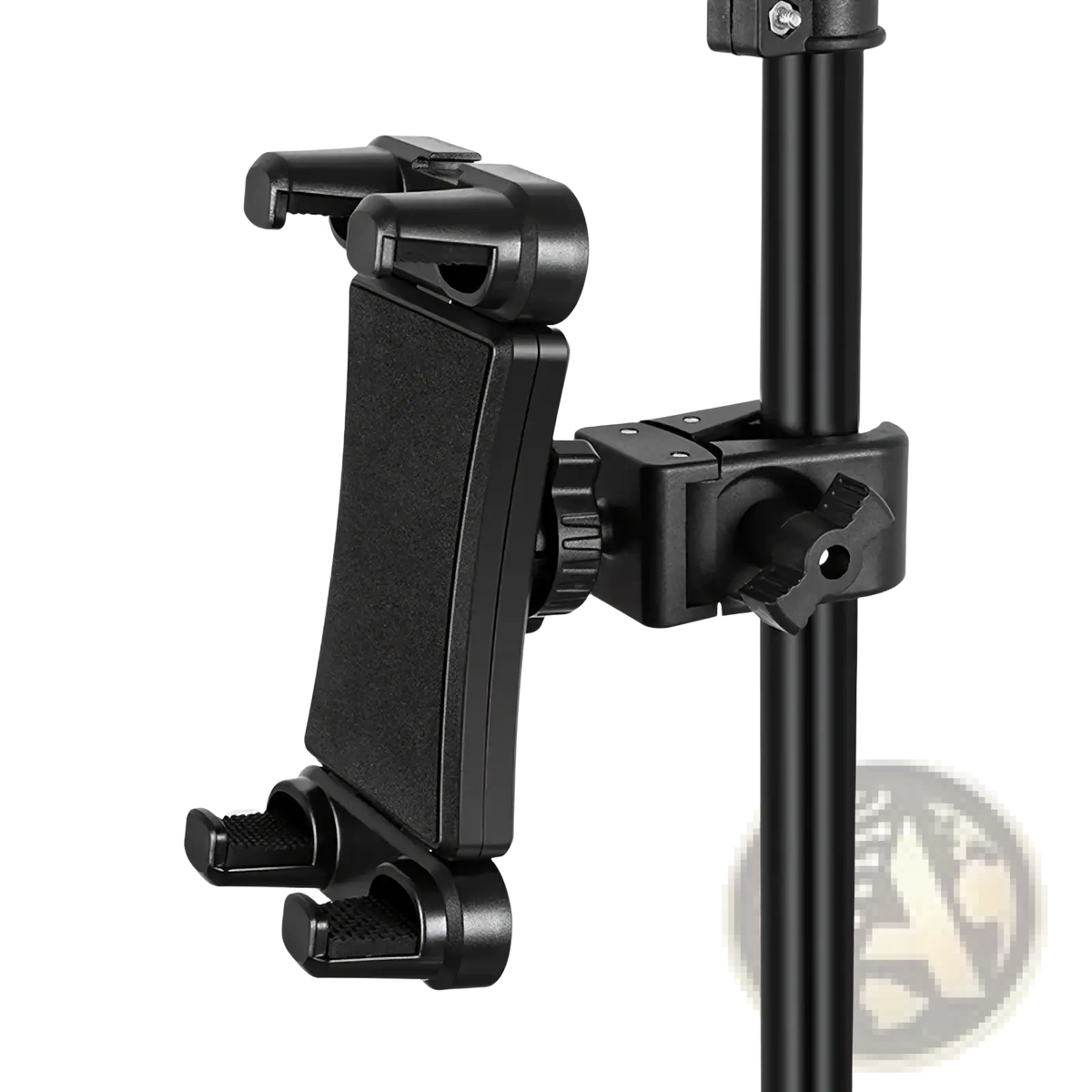 Black plastic universal tablet and phone mount bracket clip with adjustable arms and textured grip surface