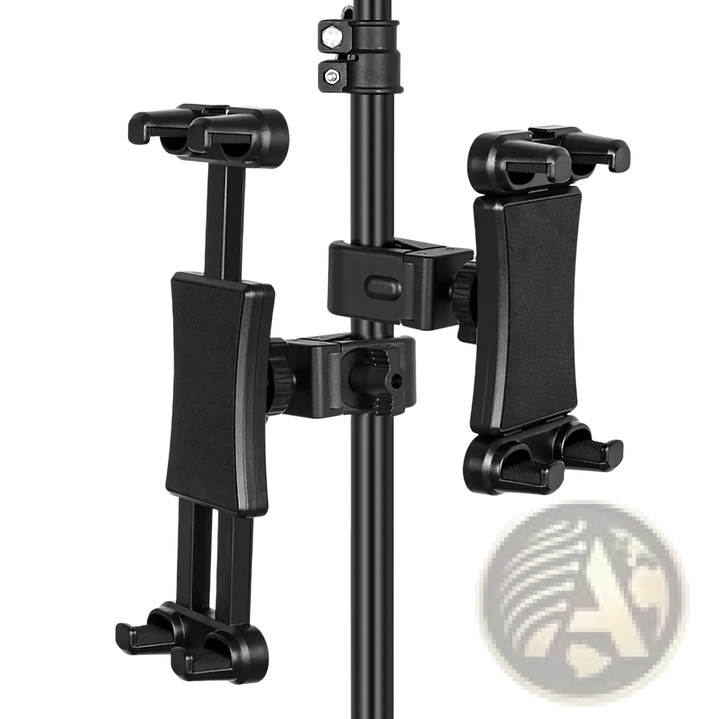 Black plastic universal tablet and phone mount bracket clip with tripod stand for secure device holding