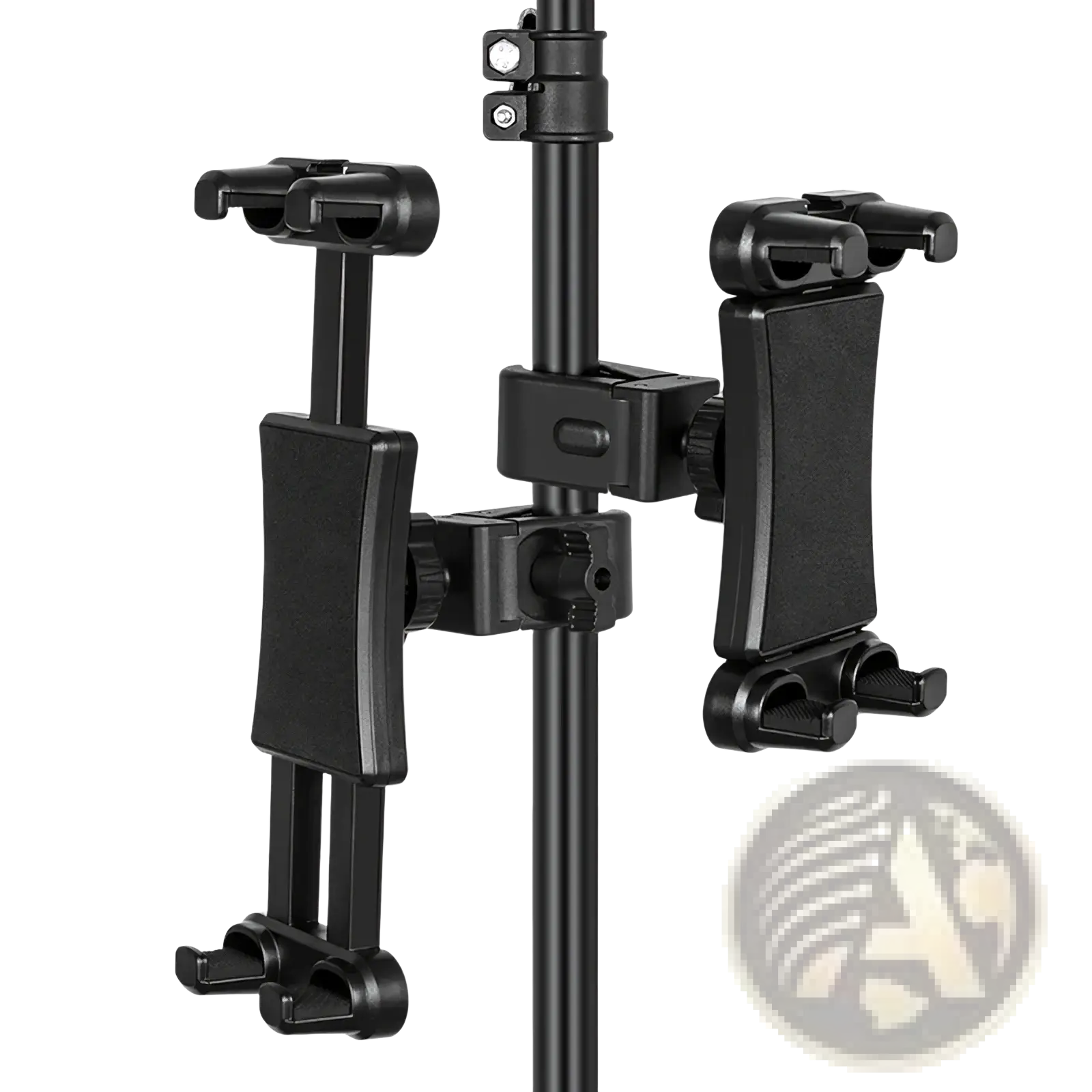 Black plastic universal tablet and phone mount bracket clip with tripod stand for secure device holding