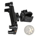 Black plastic universal tablet and phone mount bracket clip with adjustable clamps and swivel joint for motorcycles