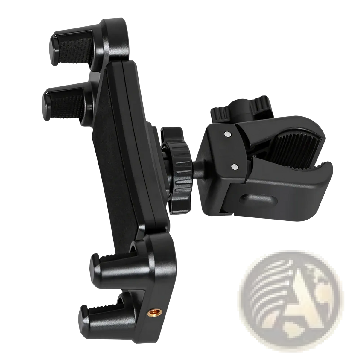 Black plastic universal tablet and phone mount bracket clip with adjustable clamps and swivel joint for motorcycles