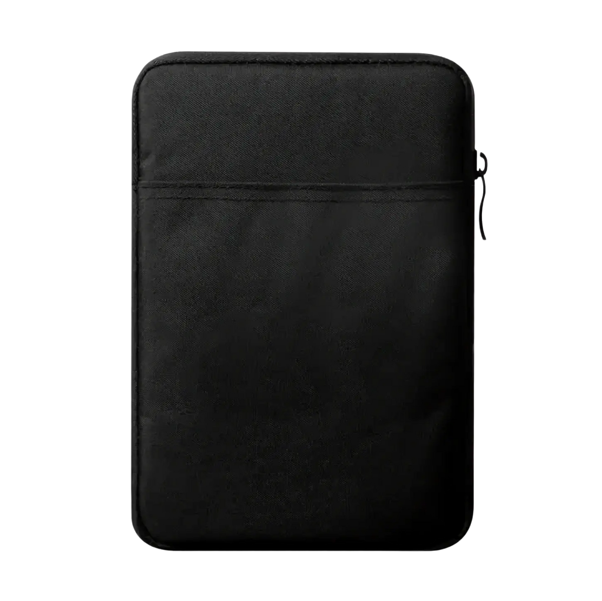 Black universal tablet sleeve pouch bag with zipper closure and front pocket made of fabric material