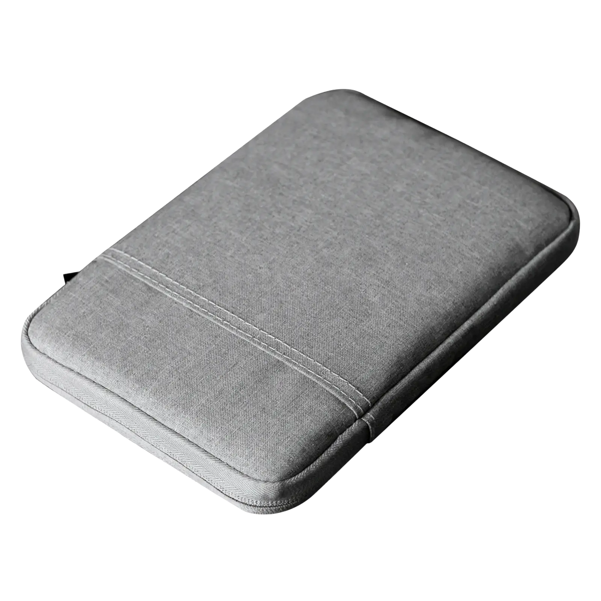 Universal tablet sleeve pouch bag made of gray textured fabric with subtle stitching designed for laptop protection