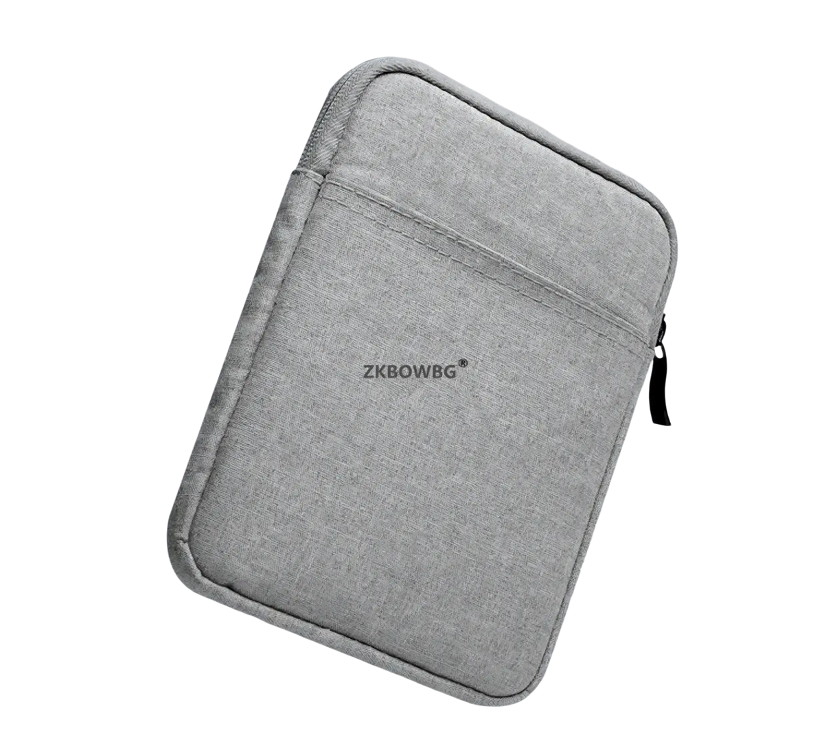 Gray textured fabric universal tablet sleeve pouch bag with black zipper pull and subtle brand logo visible