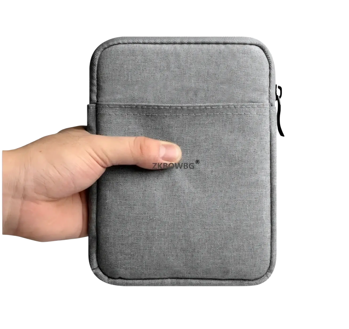 Gray textured fabric universal tablet sleeve pouch bag with black zipper pull for device protection and portability