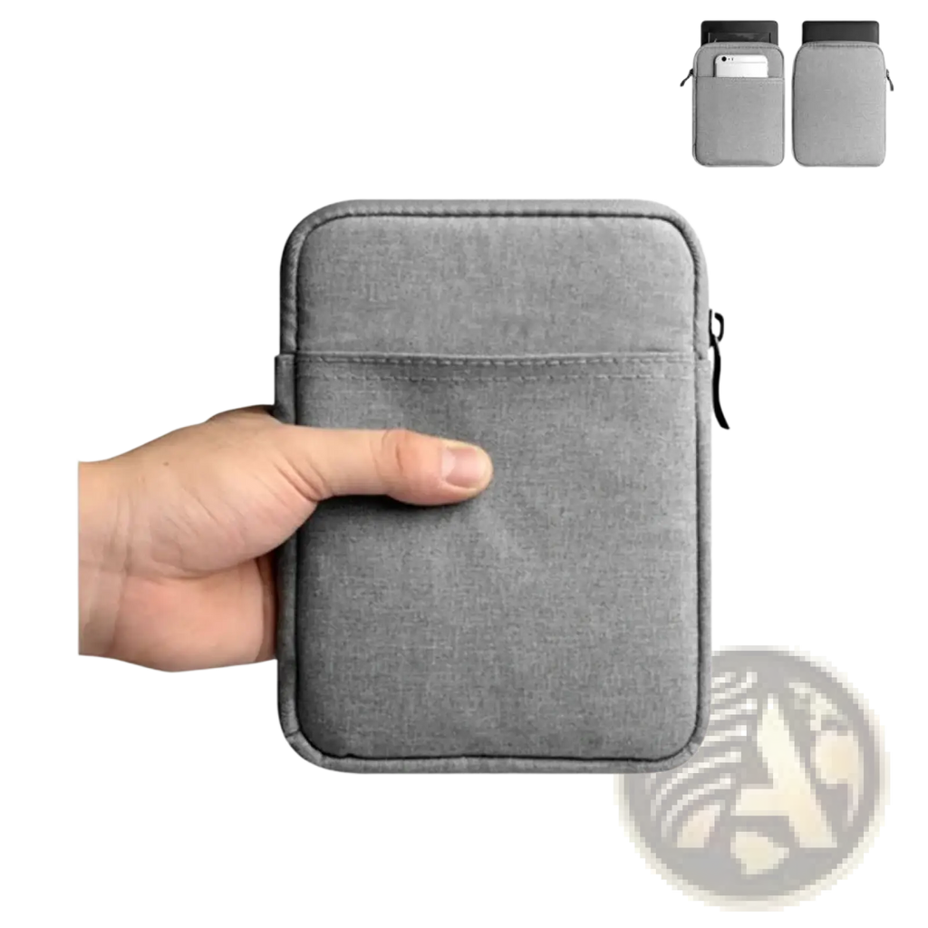 Universal tablet sleeve pouch bag made of gray textured fabric with a front pocket and zipper closure