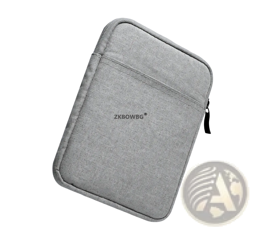 Gray textured fabric universal tablet sleeve pouch bag with black zipper pull and subtle brand logo visible