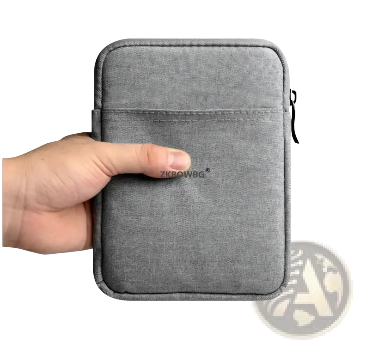 Gray textured fabric universal tablet sleeve pouch bag with black zipper pull for device protection and portability