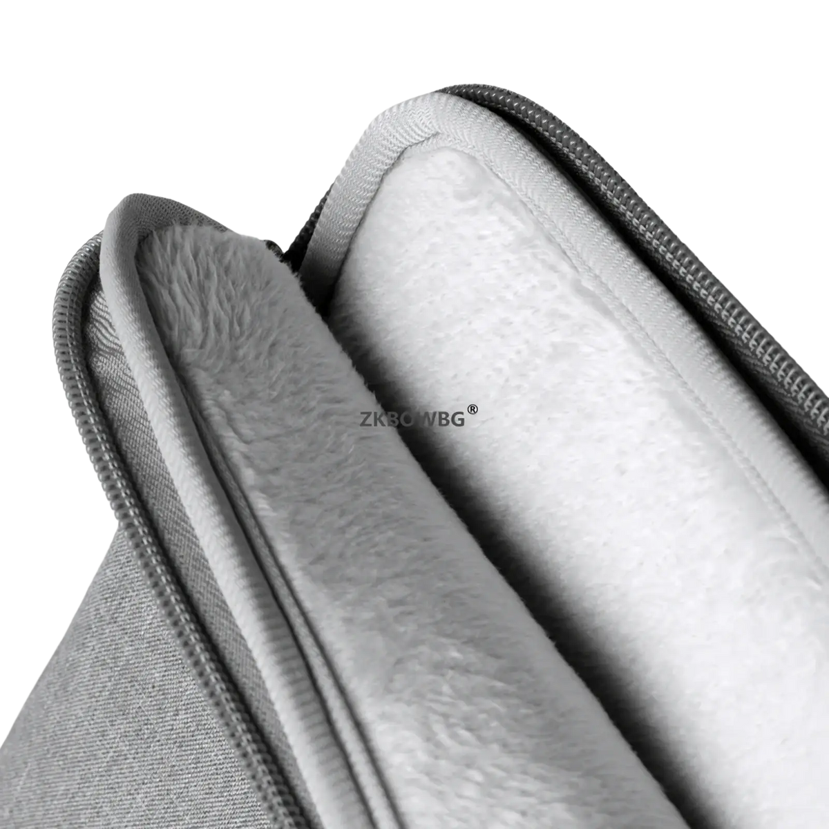 Universal tablet sleeve pouch bag in gray textured material with soft white interior lining and zipper closure