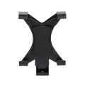 Black plastic universal tablet tripod mount clamp with cross-shaped design and four adjustable clamps for secure holding