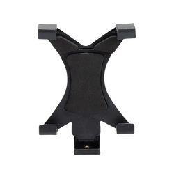 Black plastic universal tablet tripod mount clamp with cross-shaped design and four adjustable clamps for secure holding