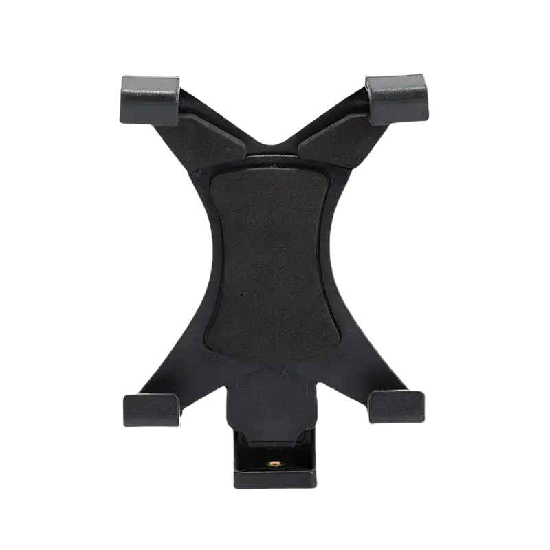 Black plastic universal tablet tripod mount clamp with cross-shaped design and four adjustable clamps for secure holding