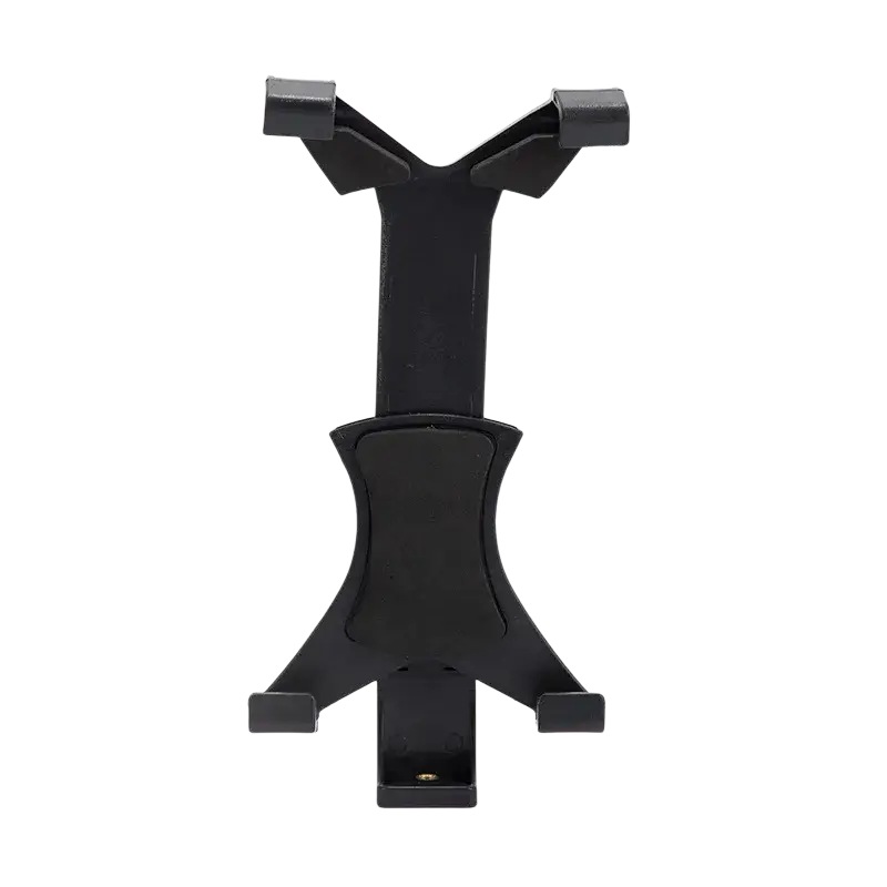 Black plastic universal tablet tripod mount clamp with y-shaped top and flat base for secure tablet positioning