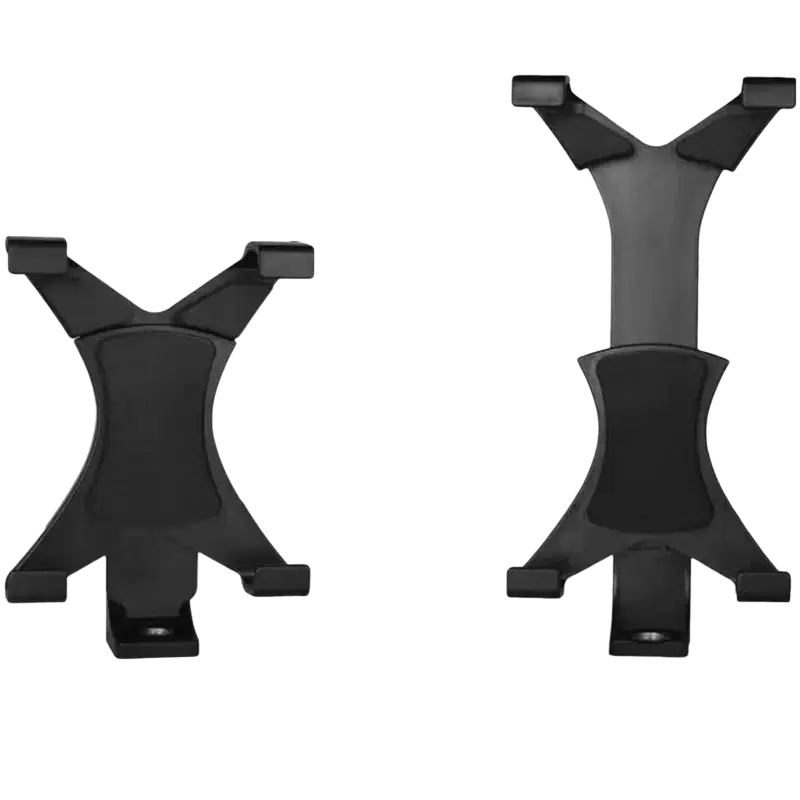 Black plastic universal tablet tripod mount clamp with y-shaped design and adjustable arms for secure holding