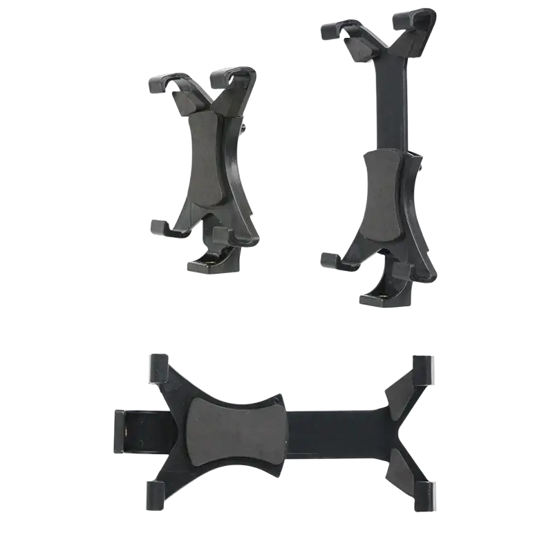 Black plastic universal tablet tripod mount clamp with adjustable clamps and central support bar for secure holding