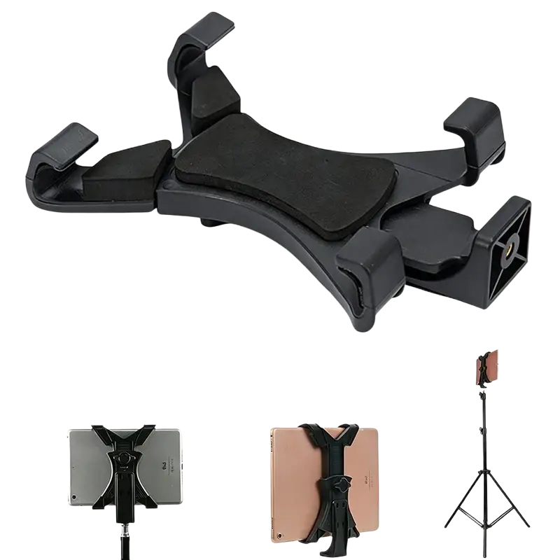 Black plastic universal tablet tripod mount clamp with adjustable clamps and padded center grip for secure holding