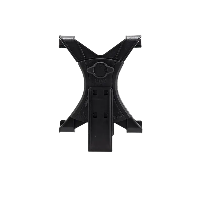 Black plastic universal tablet tripod mount clamp with central adjustment knob and angular arms for secure holding