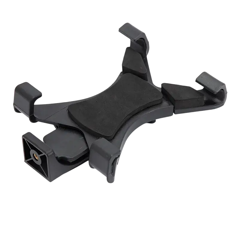 Black plastic universal tablet tripod mount clamp with adjustable clamps and central cushioned pad for secure hold