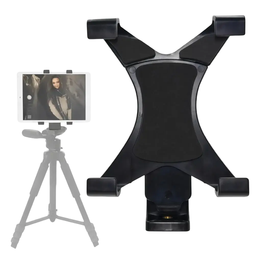 Black plastic universal tablet tripod mount with adjustable arms and central grip for secure device holding