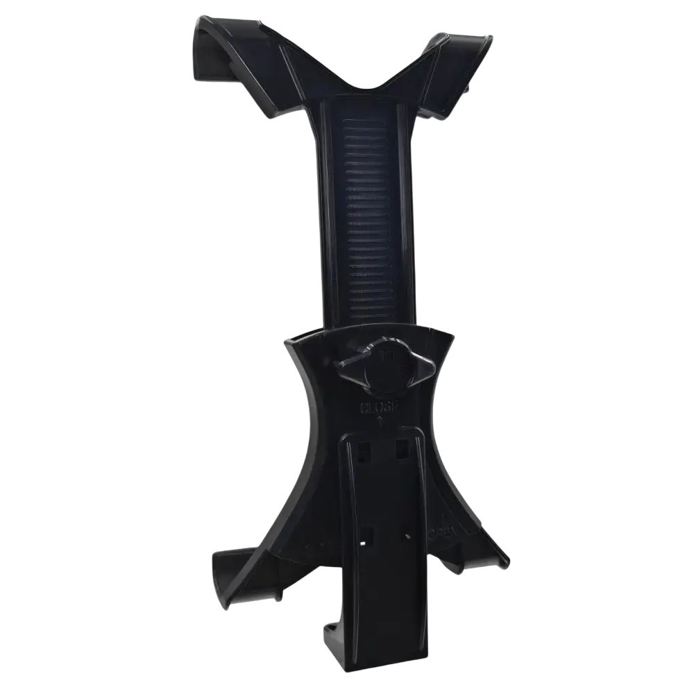 Black plastic universal tablet tripod mount with v-shaped top and adjustable clamp for iPad air air2 and Galaxy tablets