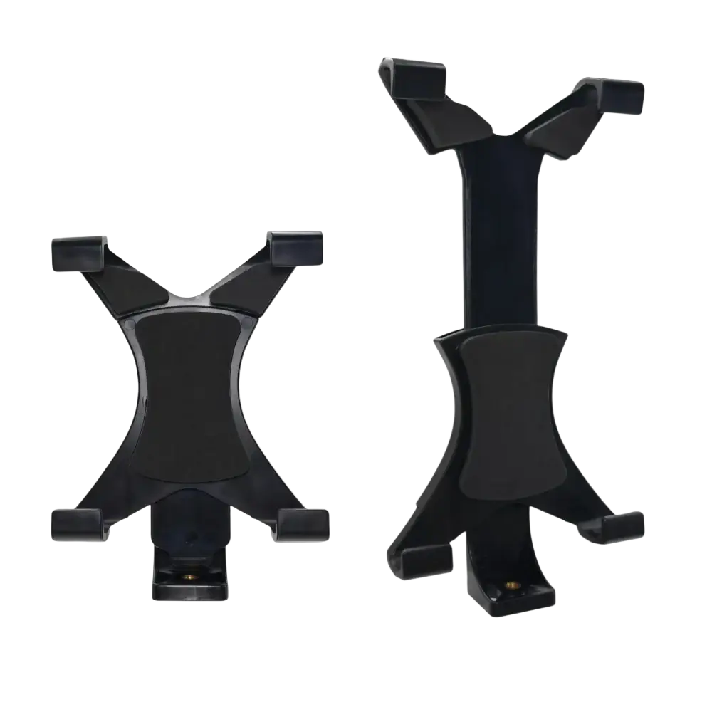 Black plastic universal tablet tripod mount designed to hold 8-11 inch tablets including iPad air air2 and Galaxy models