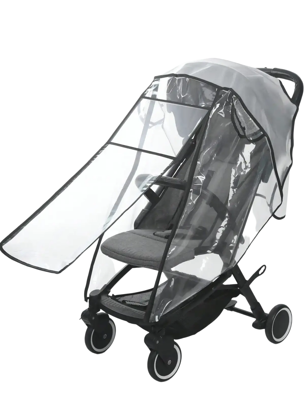 Universal transparent baby stroller rain cover with black trim and mesh panels designed to fit over a stroller