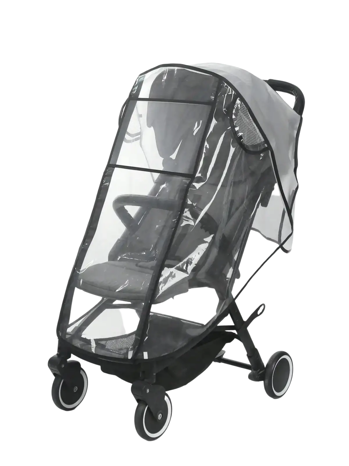 Universal transparent baby stroller rain cover with black trim and mesh panels designed to fit over stroller