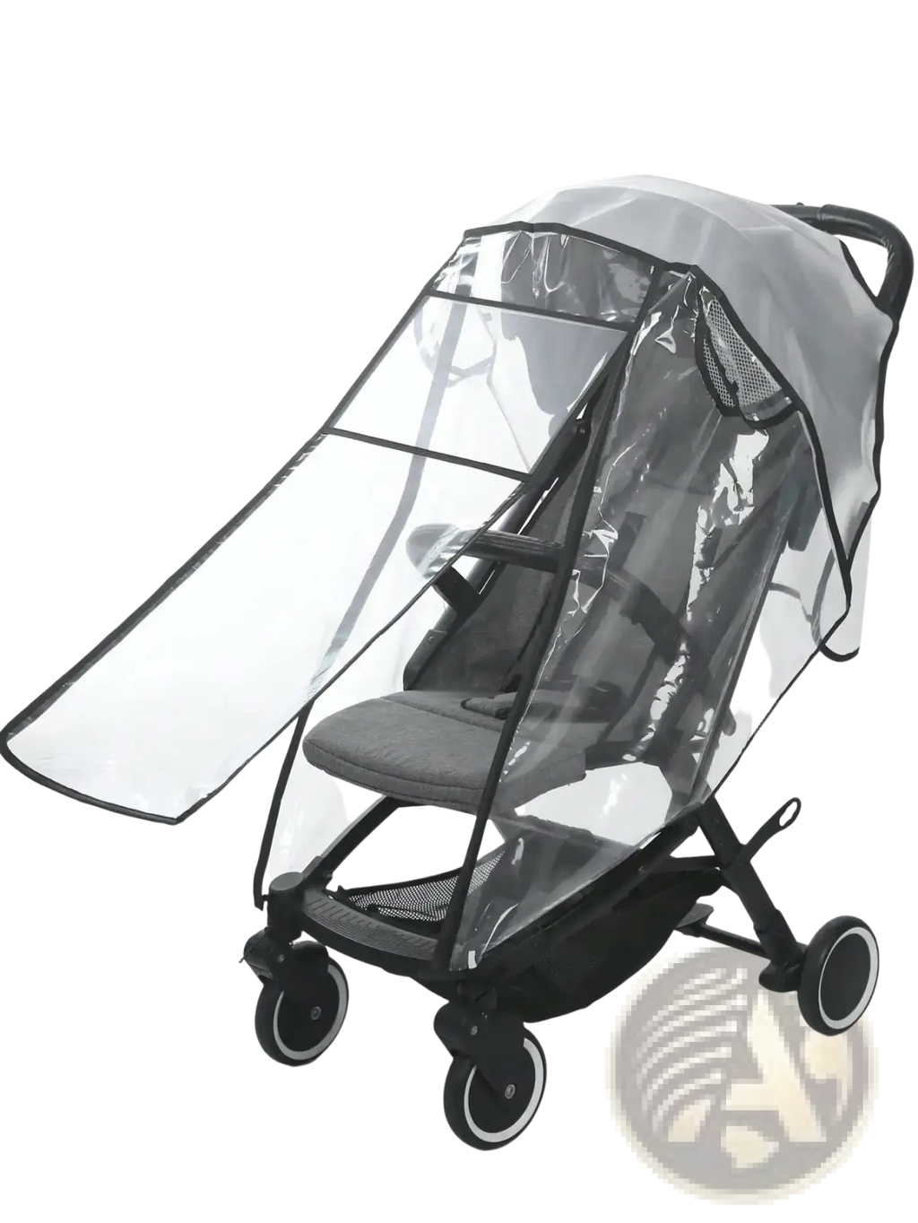 Universal transparent baby stroller rain cover with black trim and mesh panels designed to fit over a stroller