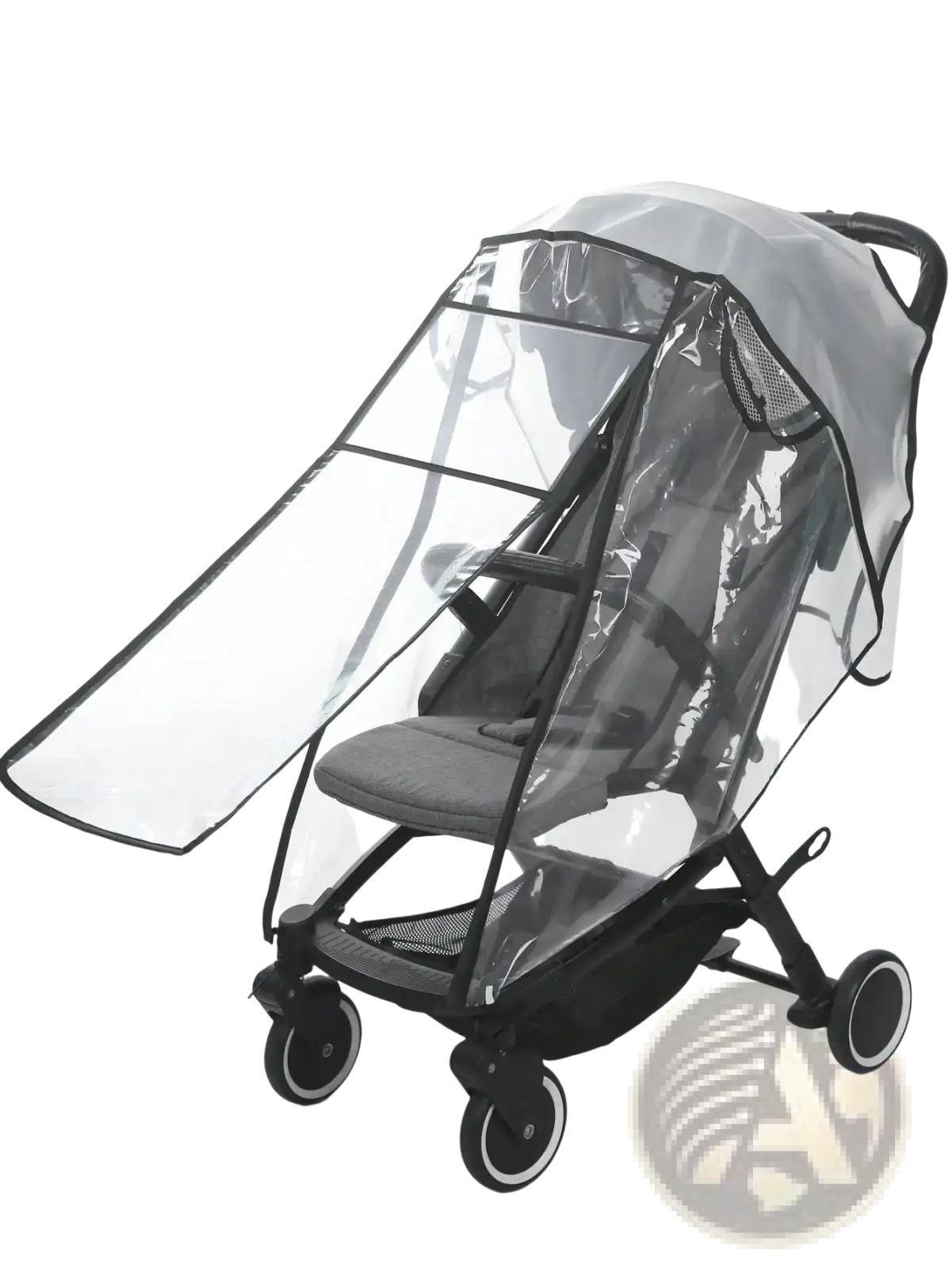 Universal transparent baby stroller rain cover with black trim and mesh panels designed to fit over a stroller