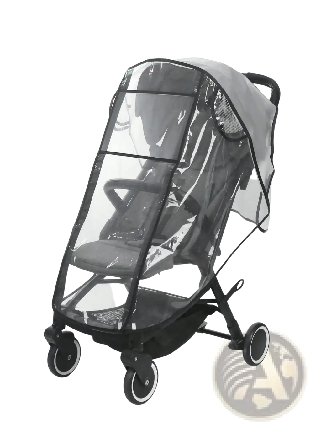 Universal transparent baby stroller rain cover with black trim and mesh panels designed to fit over stroller