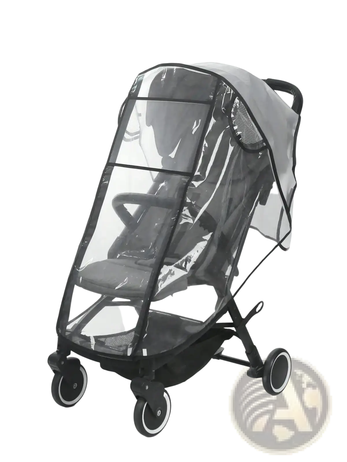 Universal transparent baby stroller rain cover with black trim and mesh panels designed to fit over stroller