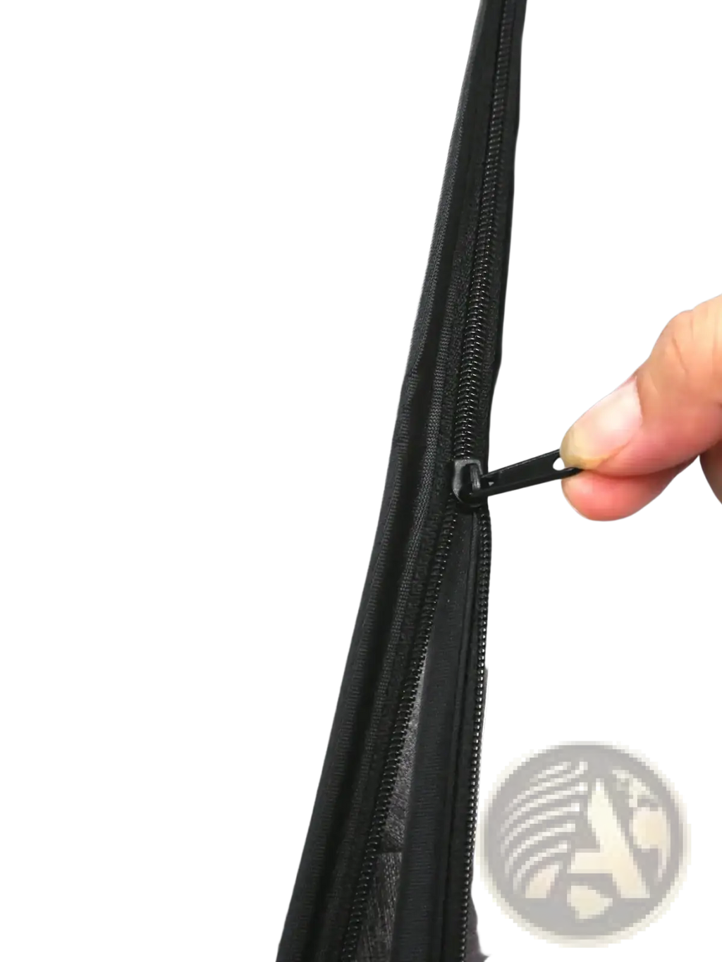 Black zipper with sturdy pull tab on universal transparent baby stroller rain cover made of clear plastic material