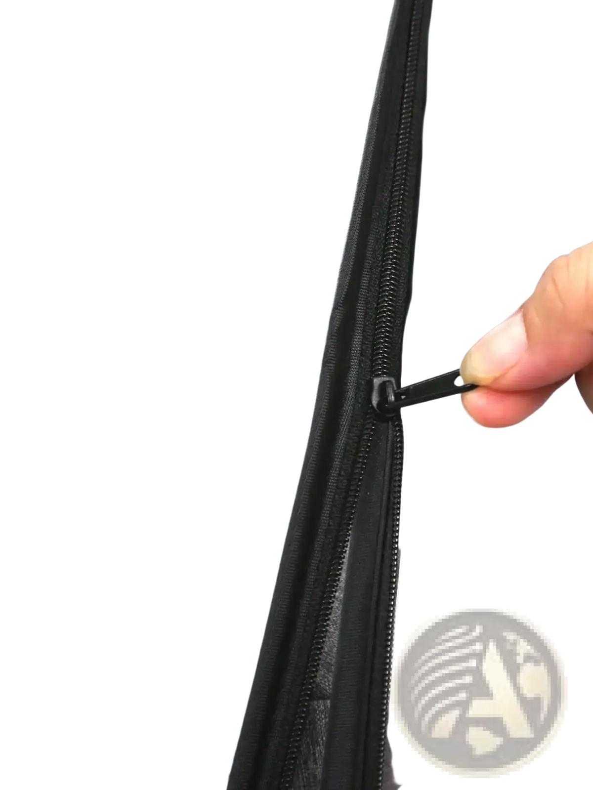 Black zipper with sturdy pull tab on universal transparent baby stroller rain cover made of clear plastic material