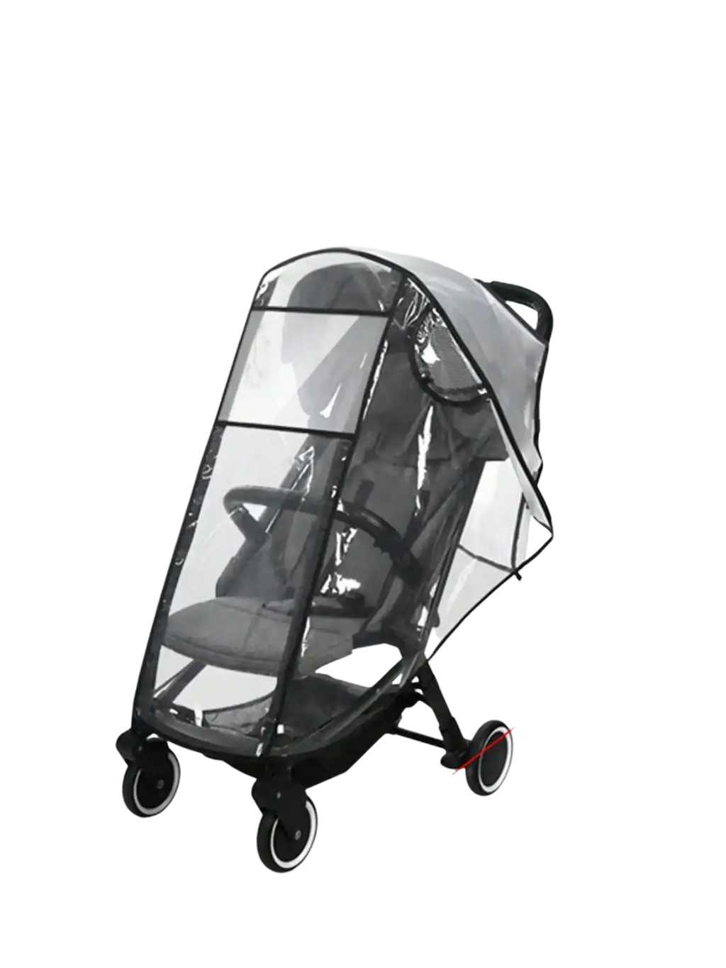Universal transparent baby stroller rain cover with clear material black trim and reinforced seams for protection