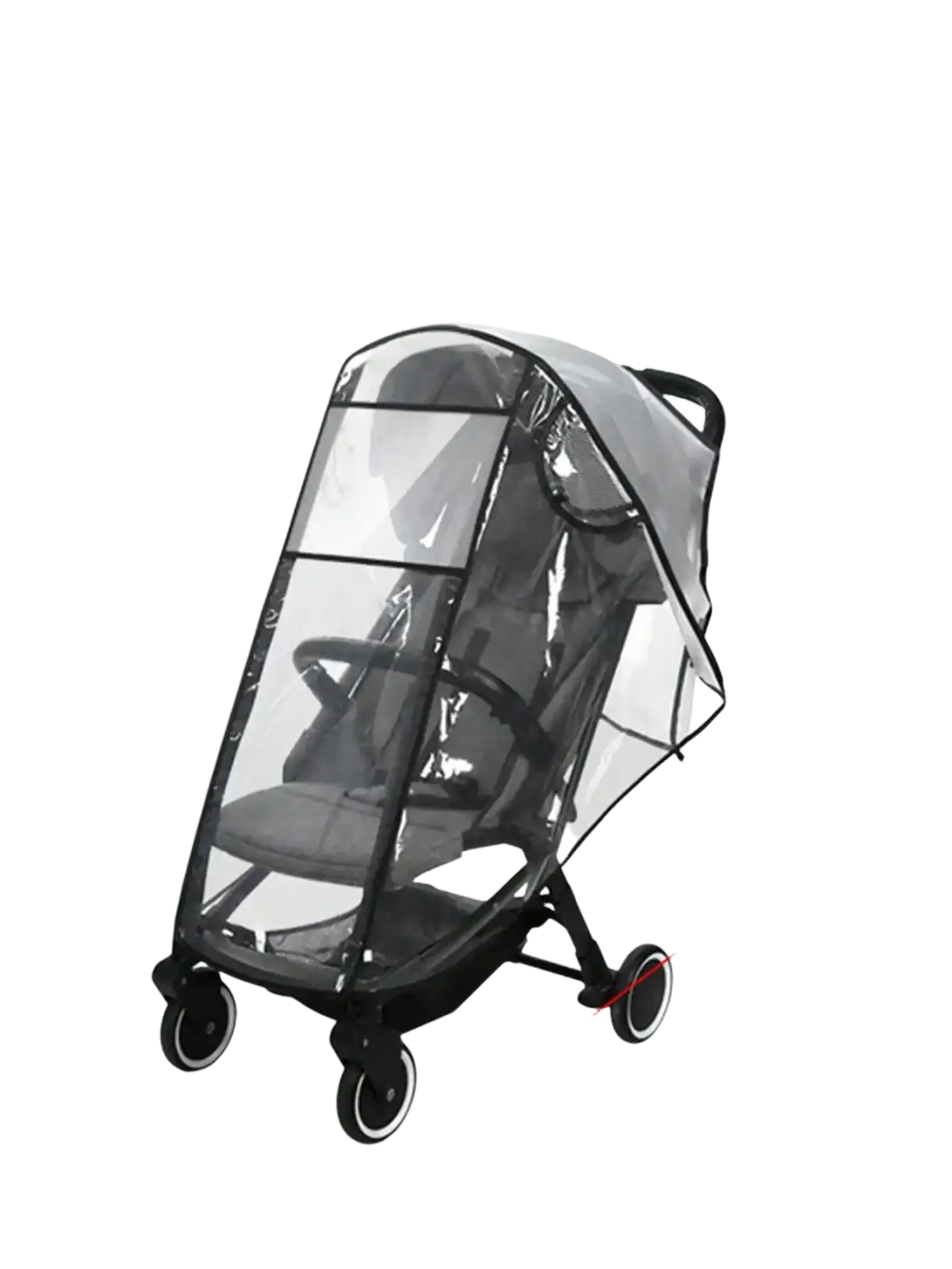 Universal transparent baby stroller rain cover with clear material black trim and reinforced seams for protection