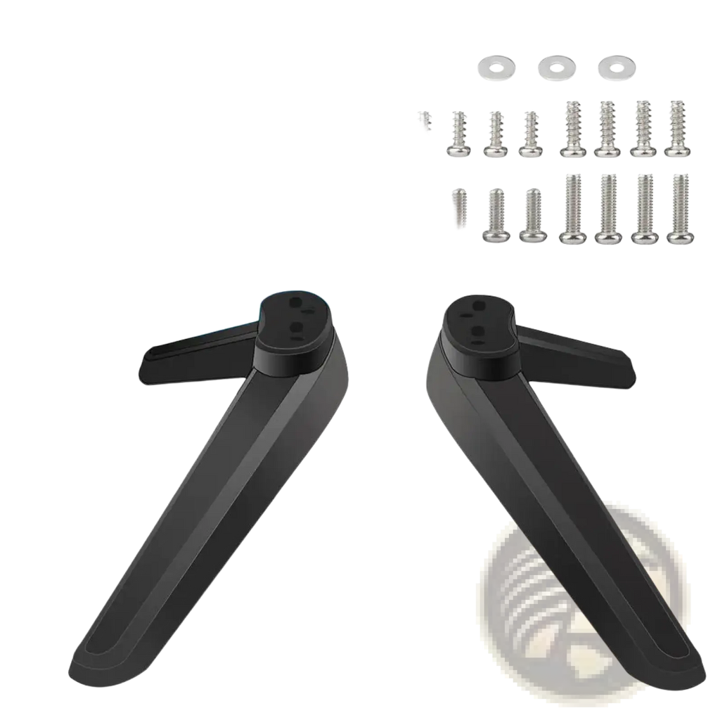 Black plastic universal tv stand base pedestal replacement legs with matching screws and washers for mounting