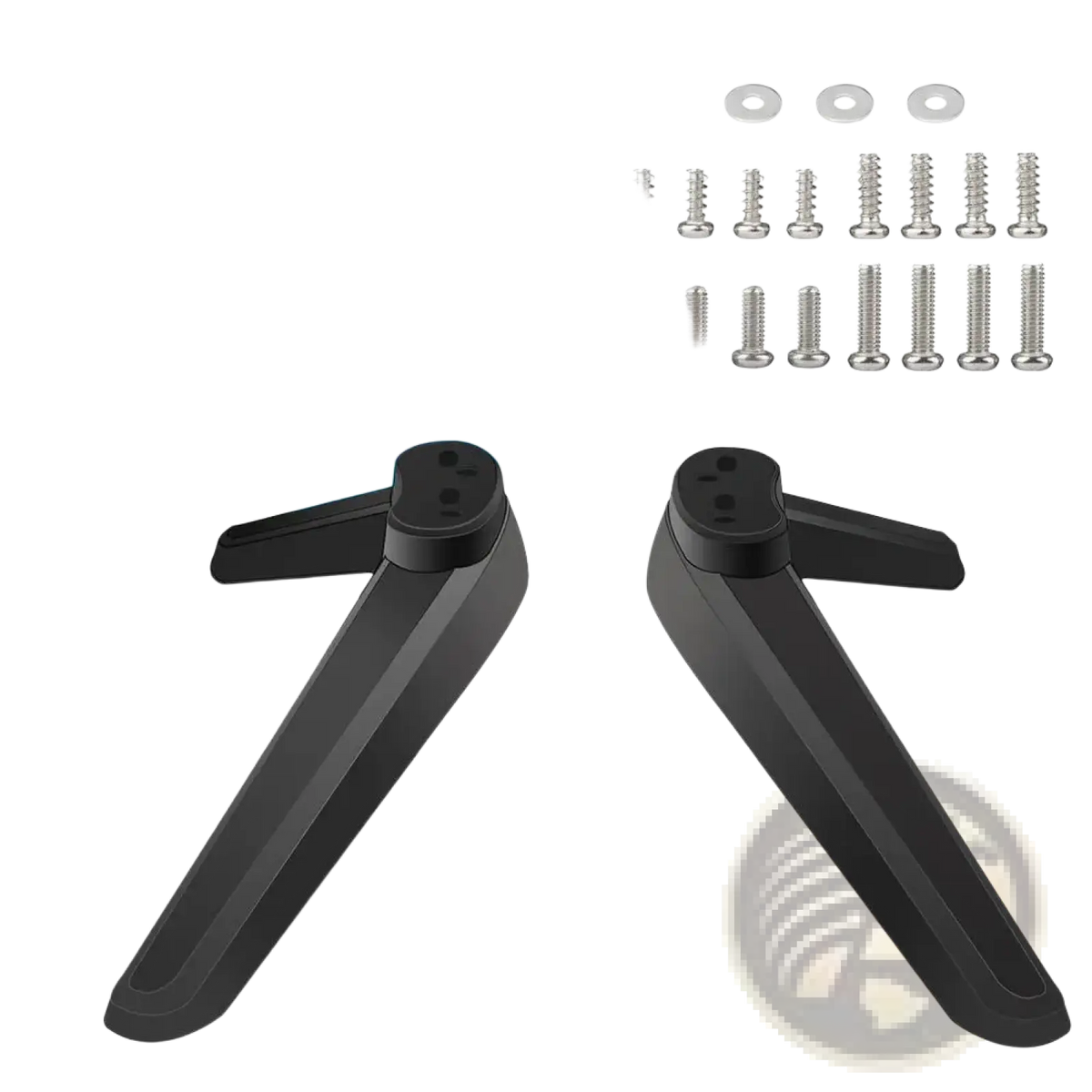 Black plastic universal tv stand base pedestal replacement legs with matching screws and washers for mounting