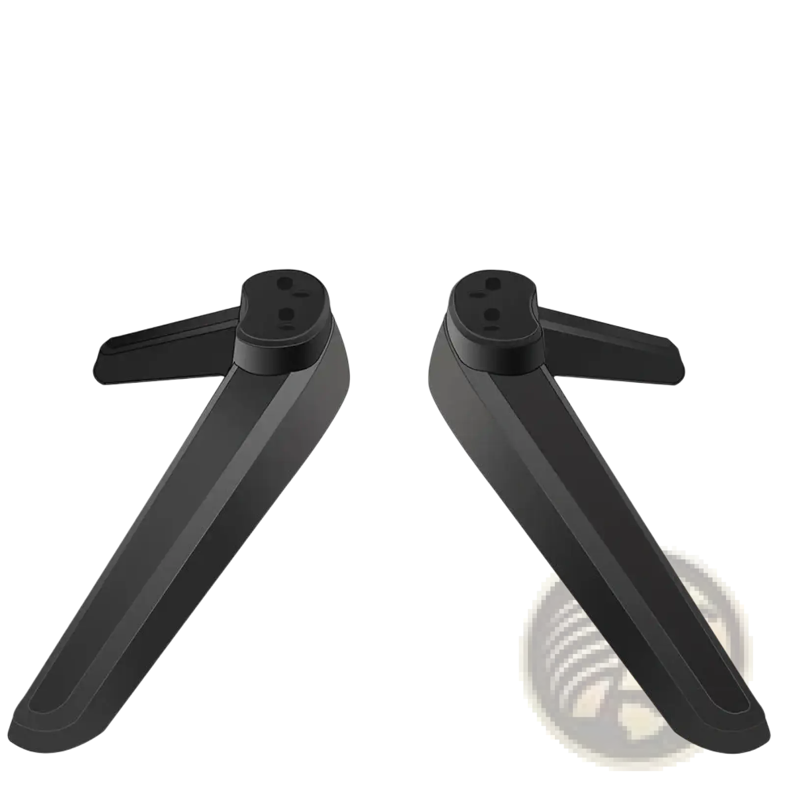 Black plastic universal tv stand base pedestal replacement legs with v-shaped design and adjustable feet