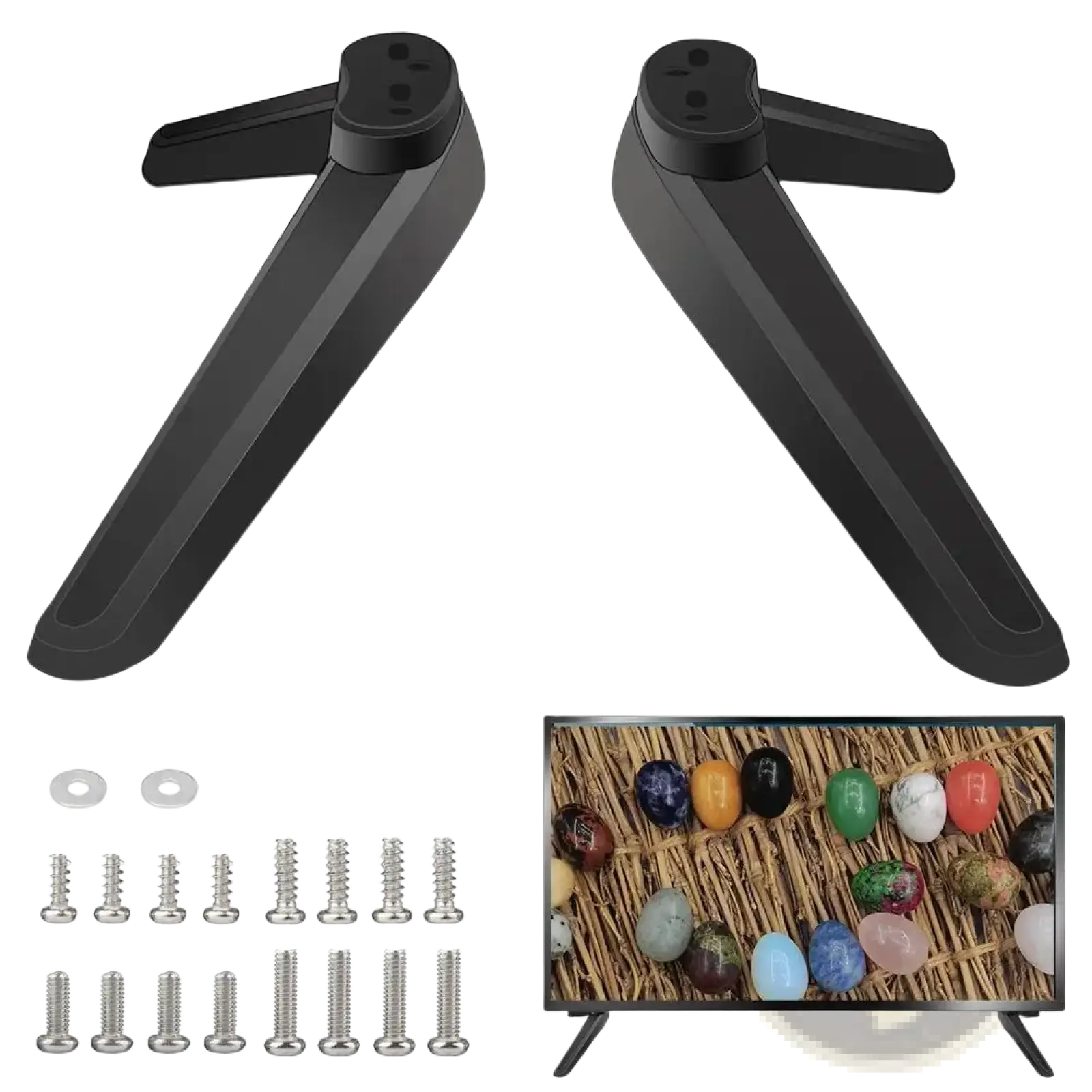 Black plastic universal tv stand base pedestal replacement legs with sleek angular design and integrated mounting holes