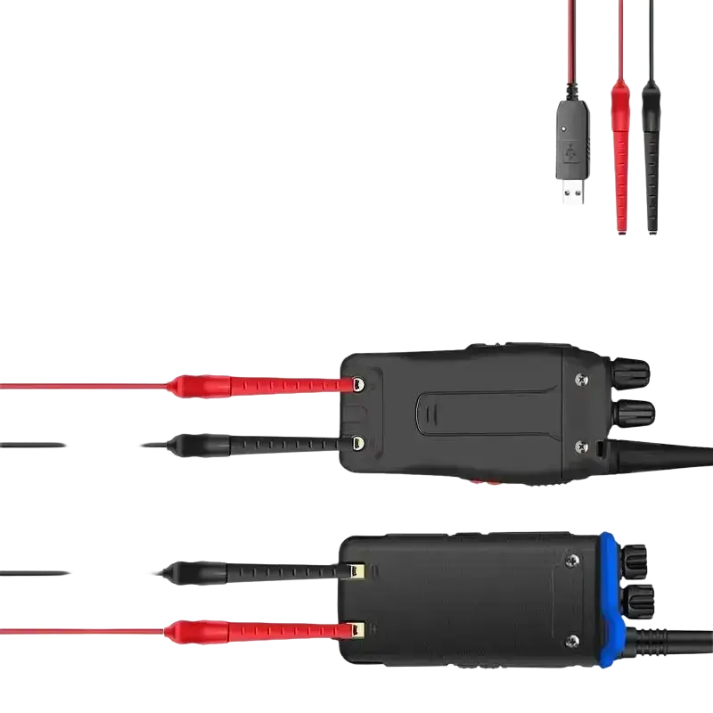 Black handheld oscilloscope with red and black test probes connected to input ports for universal usb charger cable use