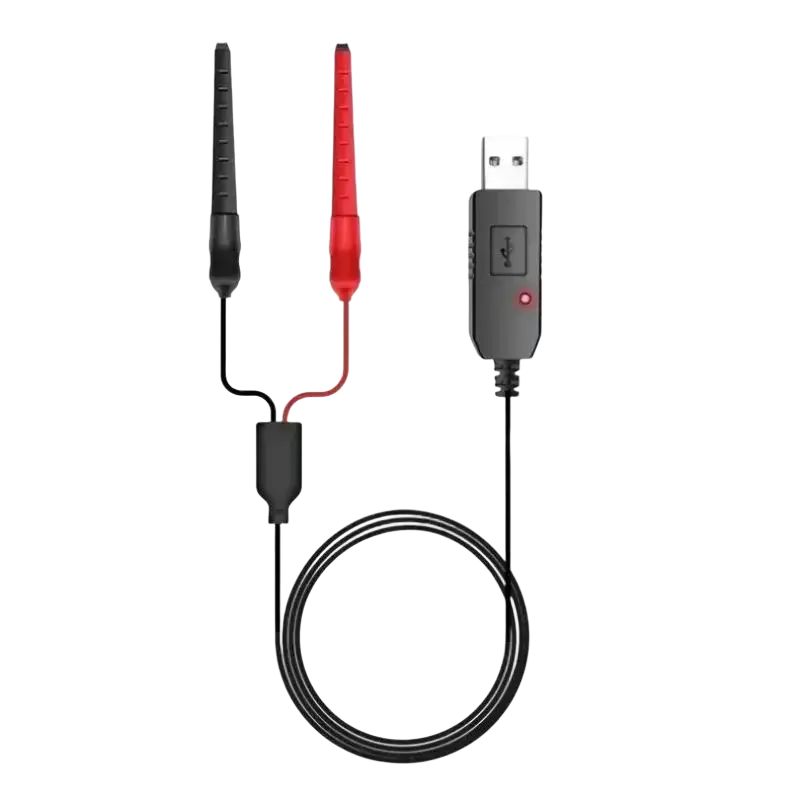 Black and red usb oscilloscope probe with compact rectangular connector housing for universal usb charger cable