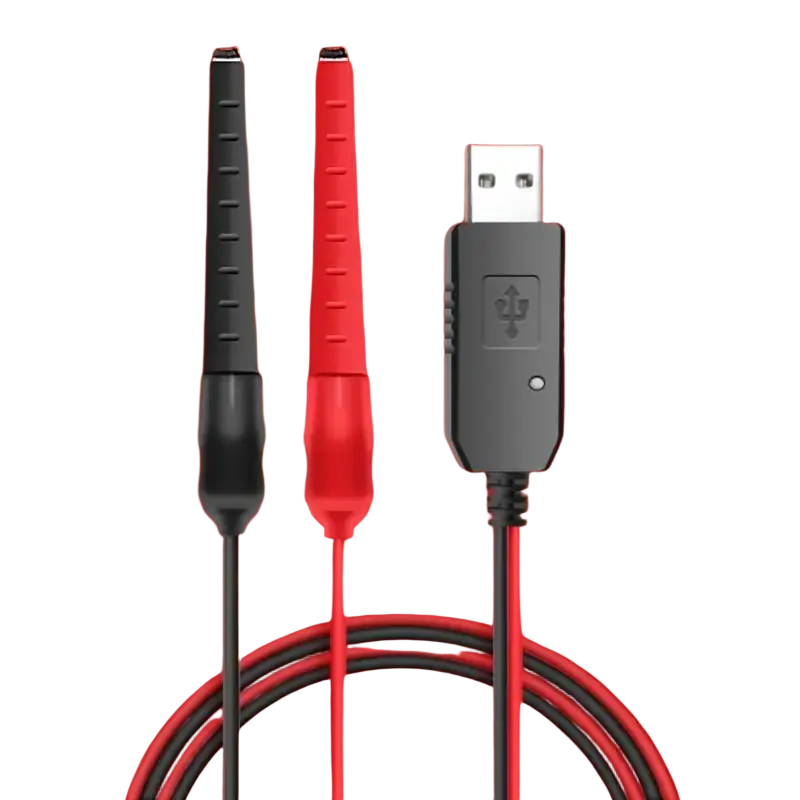 Red and black usb test probe set with gray connector housing for universal usb charger cable for walkie talkie batteries