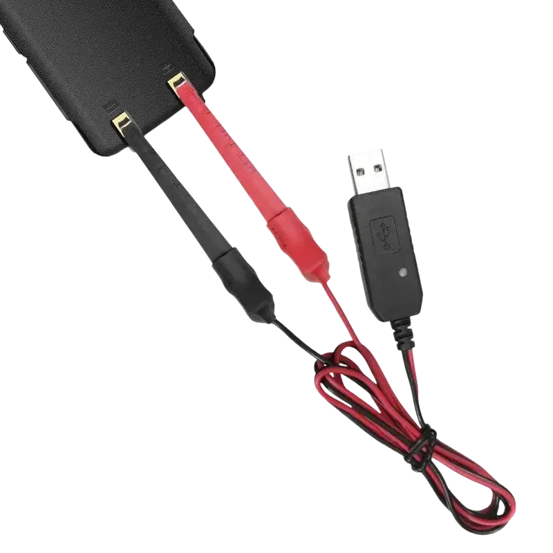 Red and black universal usb charger cable with insulated probes for phone battery testing and walkie talkie batteries