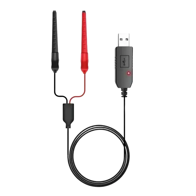 Black and red usb oscilloscope probe with compact rectangular connector housing for universal usb charger cable