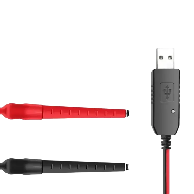 Red and black usb test probe set with gray connector housing for universal usb charger cable for walkie talkie use