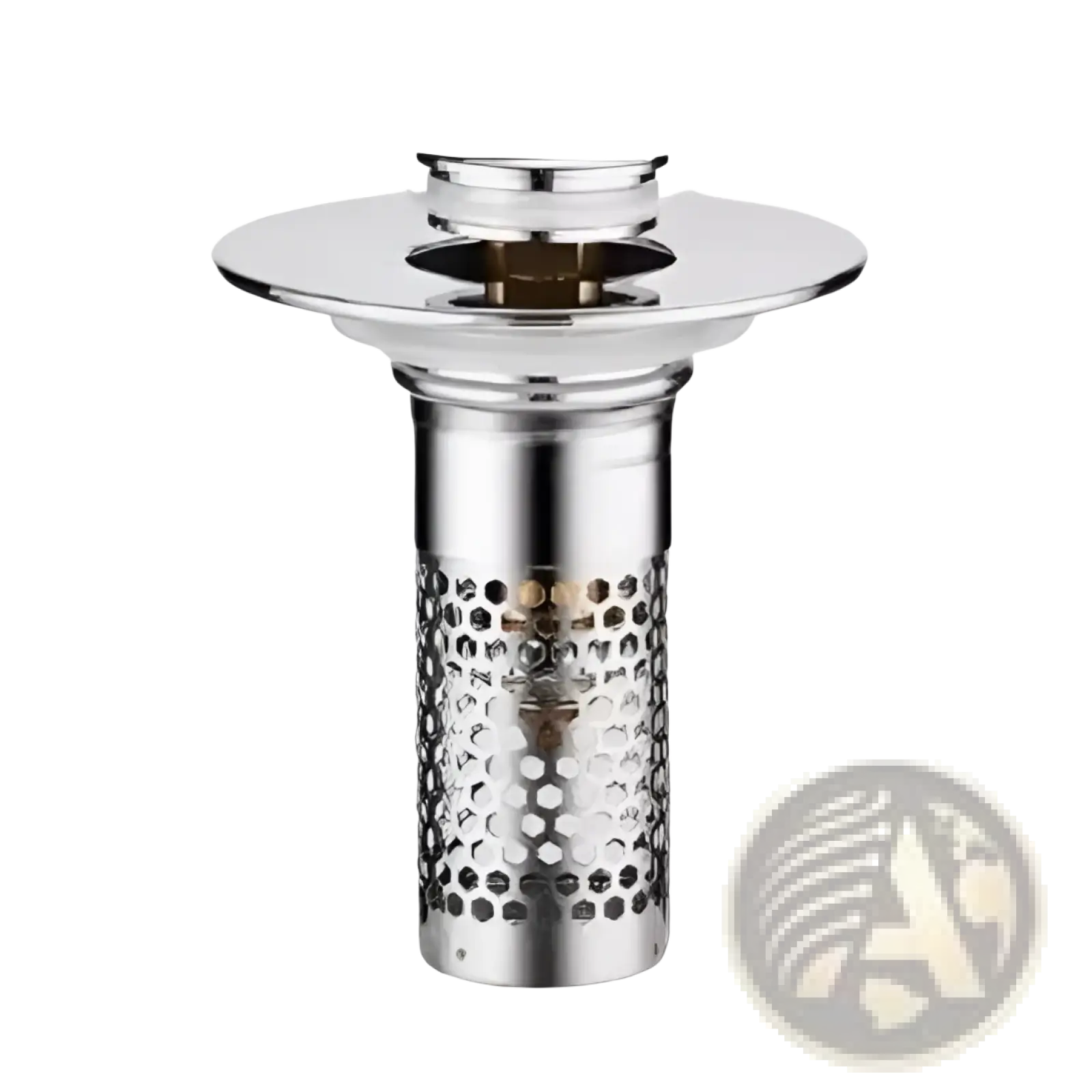 Silver stainless steel kitchen sink strainer with perforated cylindrical body and flat chrome cap for universal wash basin drain