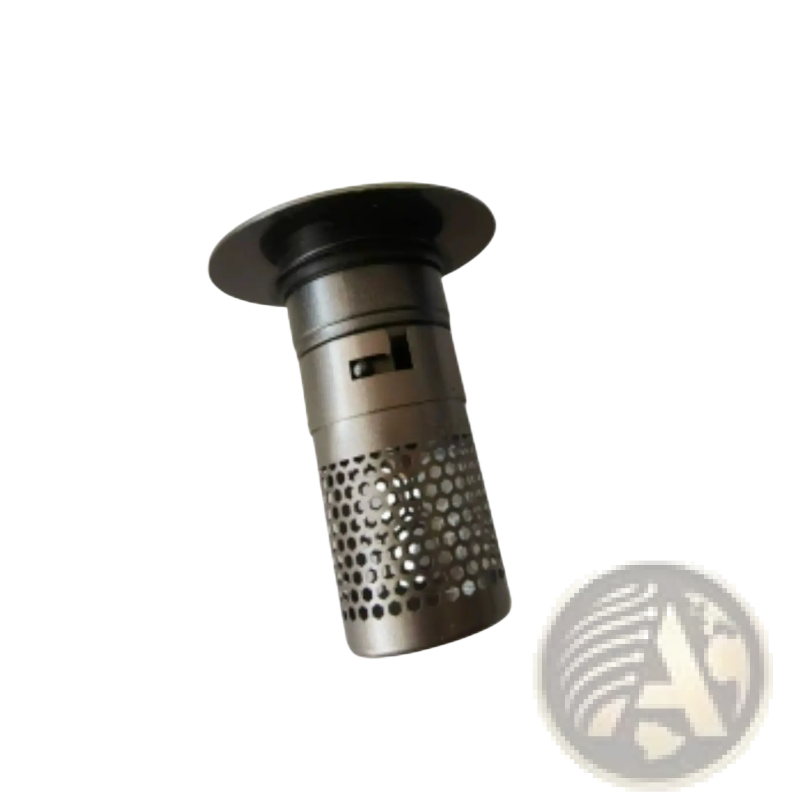 Silver-toned universal wash basin drain filter sus304 with perforated metal body and black plastic chrome cap