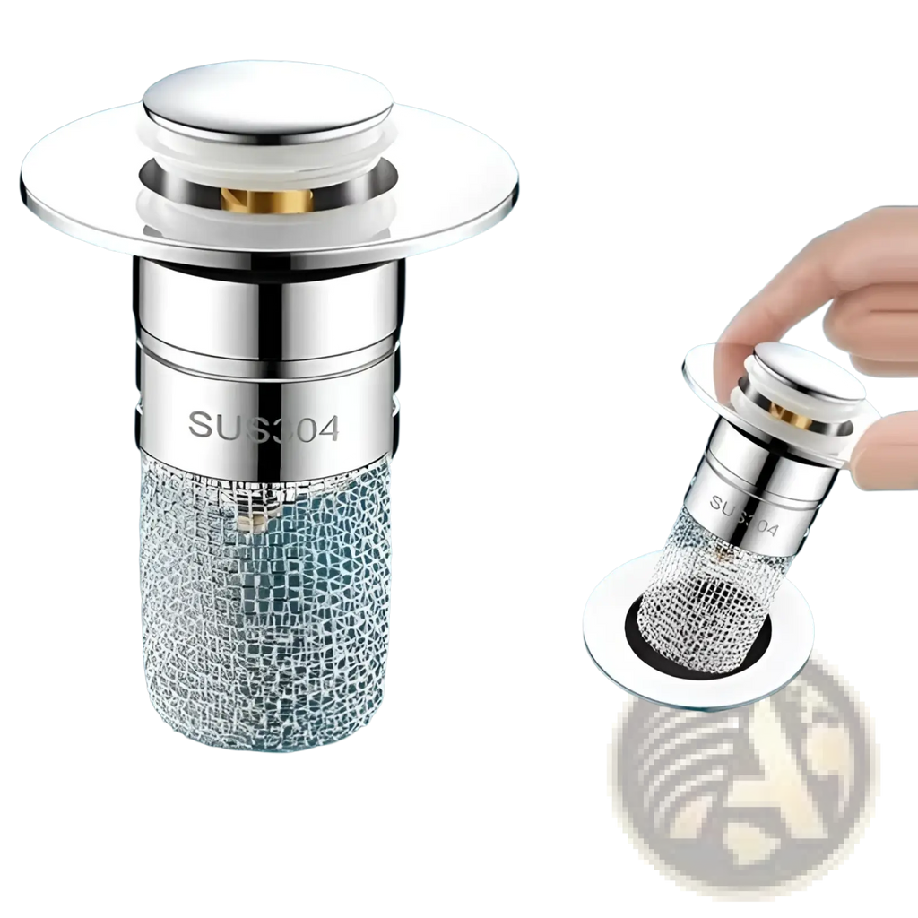 Chrome-finished sus 304 stainless steel universal wash basin drain plug with mesh filter and chrome cap